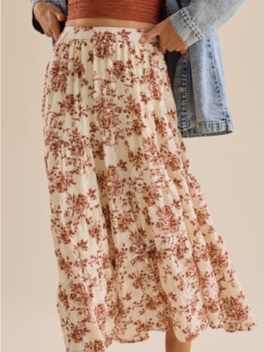 Altar'd State Burgundy and Cream Floral Maxi Skirt